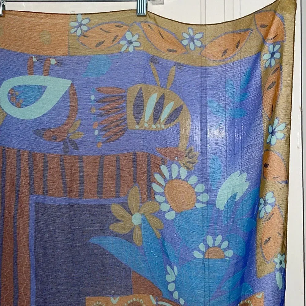 Vintage large Pier Olivier Paris blue, orange & purple‎ semi sheer square scarf
